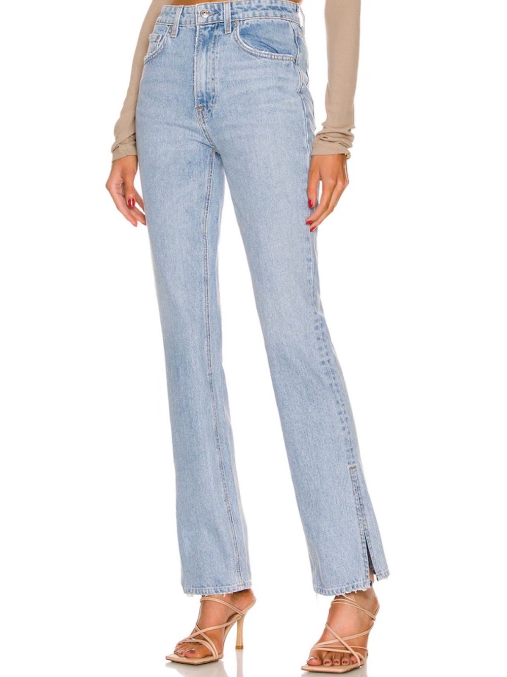 GRLFRND Light Blue High-Rise Flare Jeans with Side Slit